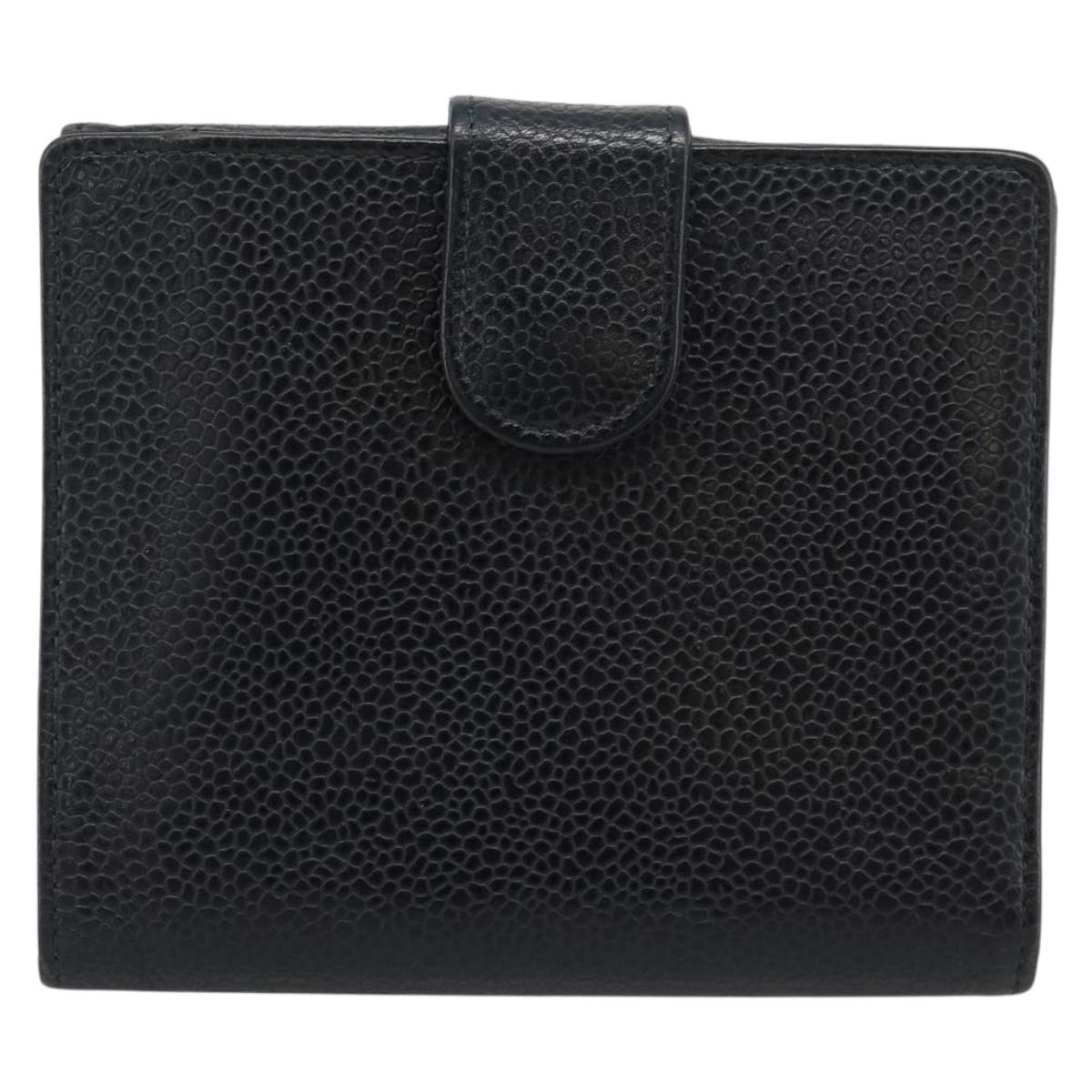 CHANEL COCO Mark Bifold Wallet Caviar Skin Black Gold CC Auth bs36643