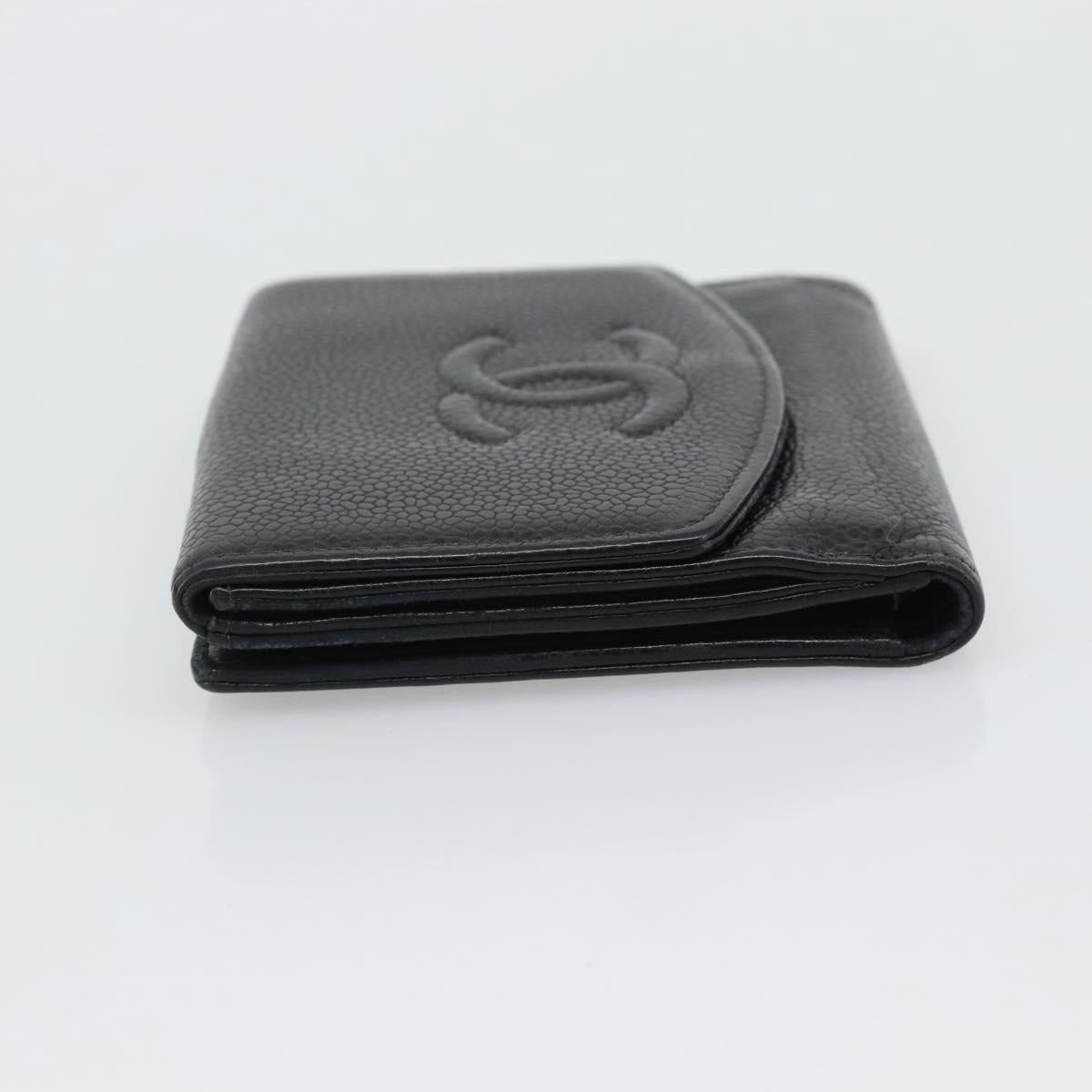 CHANEL COCO Mark Bifold Wallet Caviar Skin Black Gold CC Auth bs36643