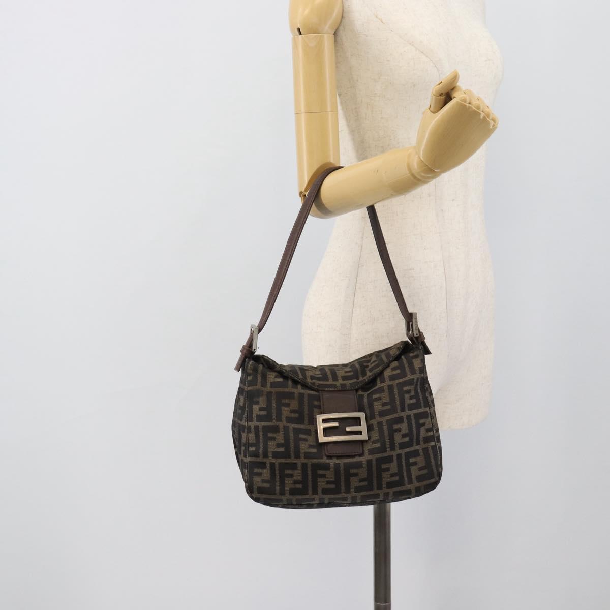 FENDI Zucca Canvas Mamma Baguette Tote Bag Brown Black Auth bs36644