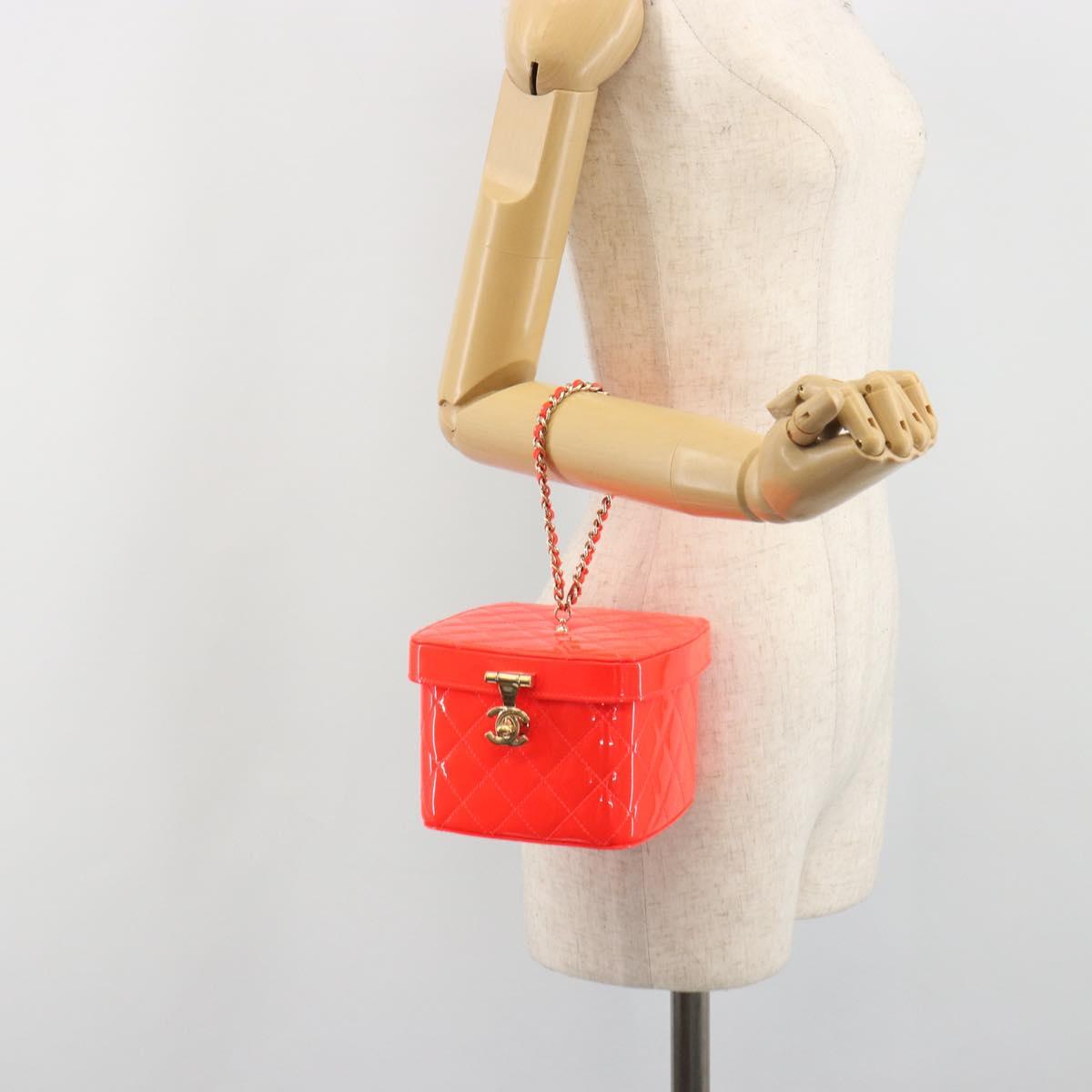 CHANEL Matelasse Vanity Hand Bag Patent leather Orange Gold CC Auth bs36656SAM