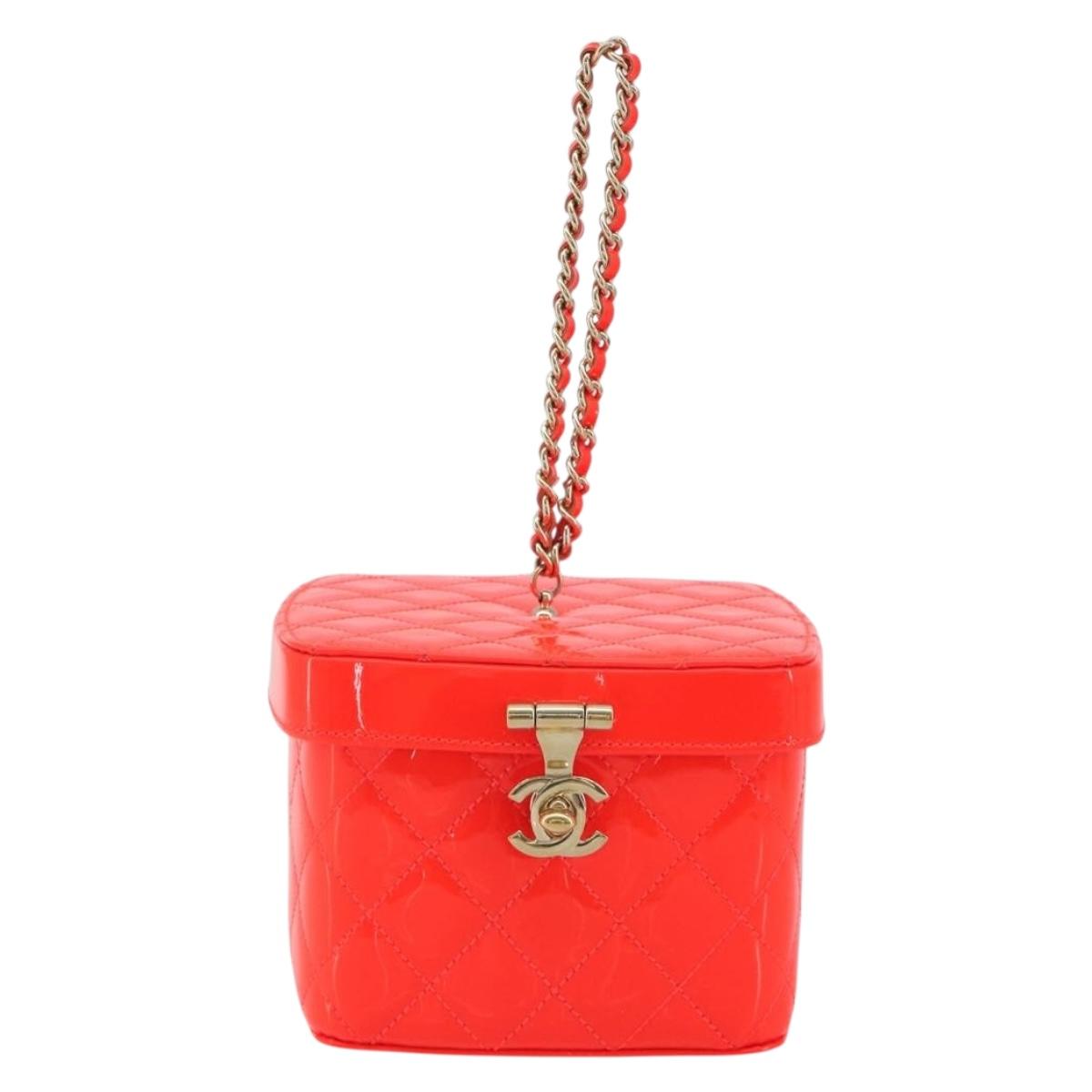 CHANEL Matelasse Vanity Hand Bag Patent leather Orange Gold CC Auth bs36656SAM
