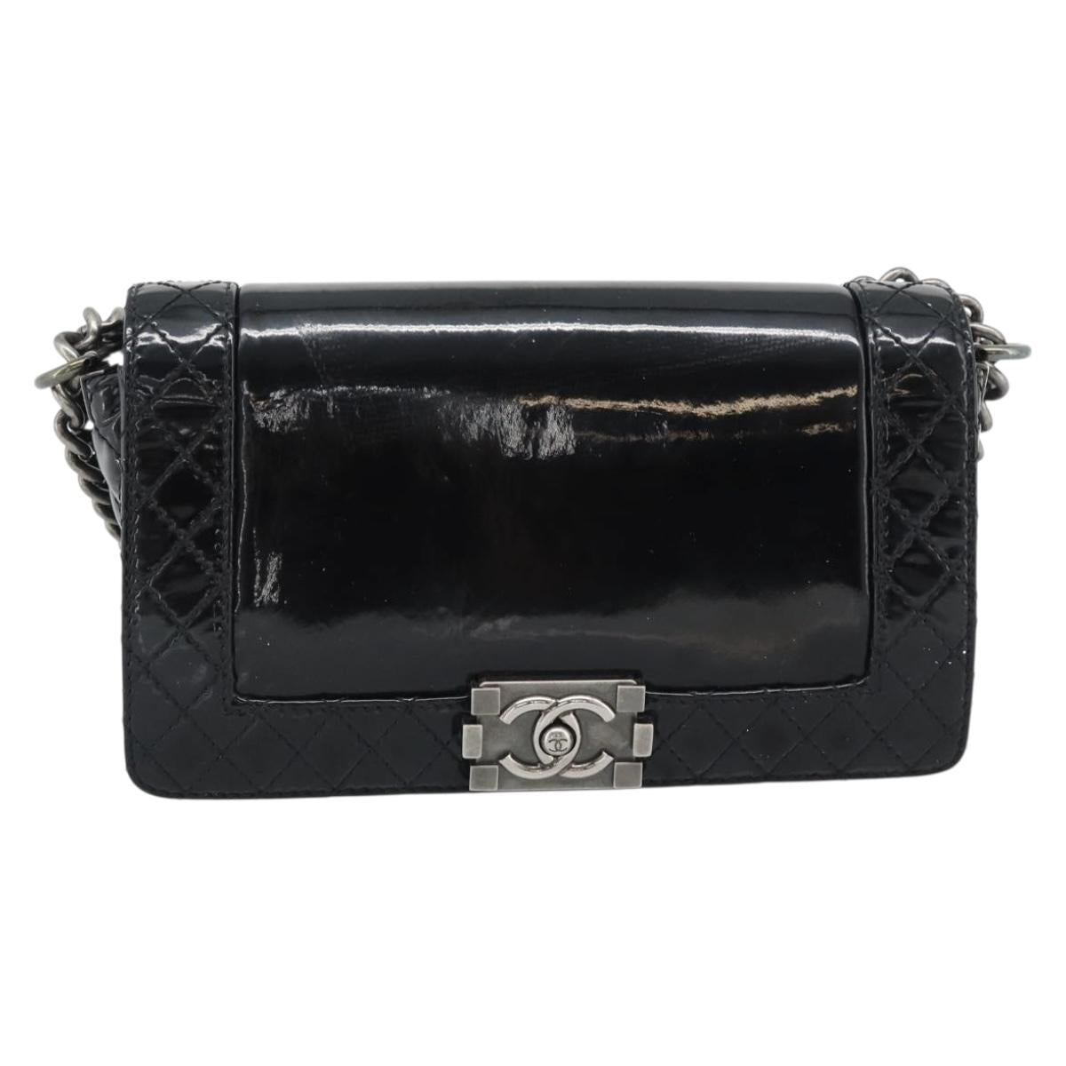 CHANEL Matelasse Boy Chanel Chain Bag Patent leather Black CC Auth bs36658A