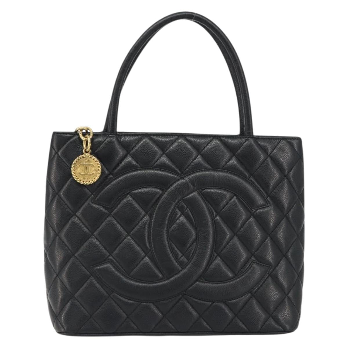 CHANEL Matelasse COCO Mark Bag Caviar Skin Standard Black Gold CC Auth bs36660