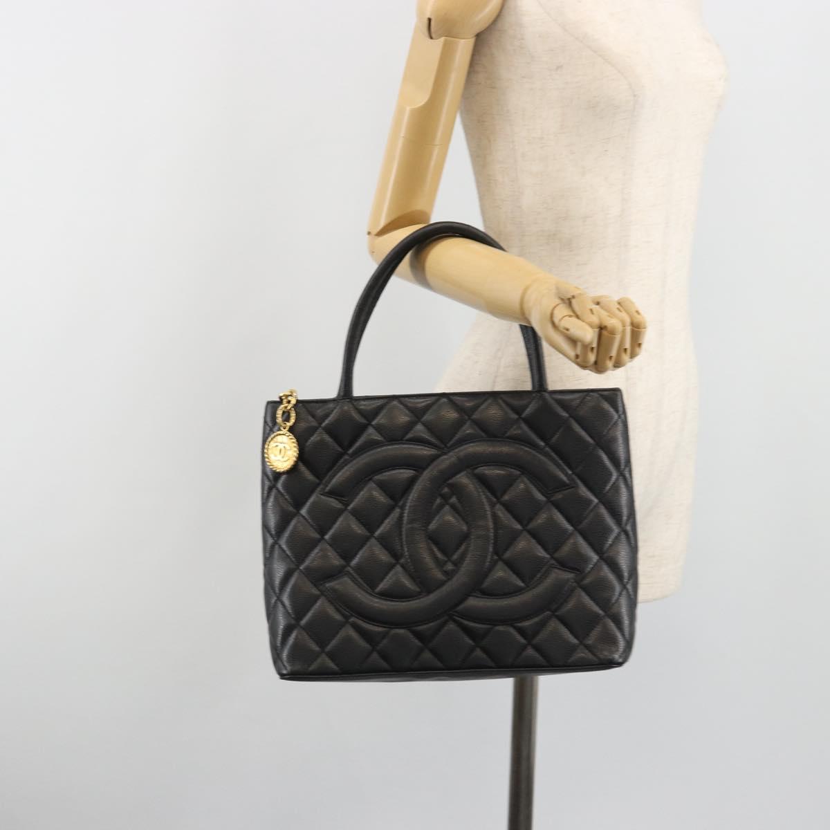 CHANEL Matelasse COCO Mark Bag Caviar Skin Standard Black Gold CC Auth bs36660
