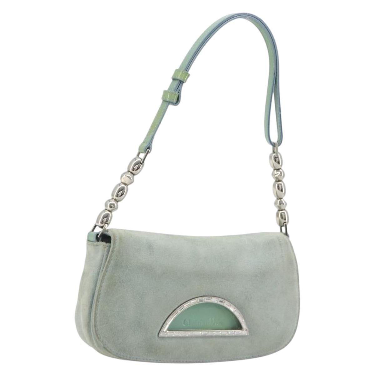Christian Dior Maris Pearl Hand Bag Suede Light Blue Silver Auth bs36674A
