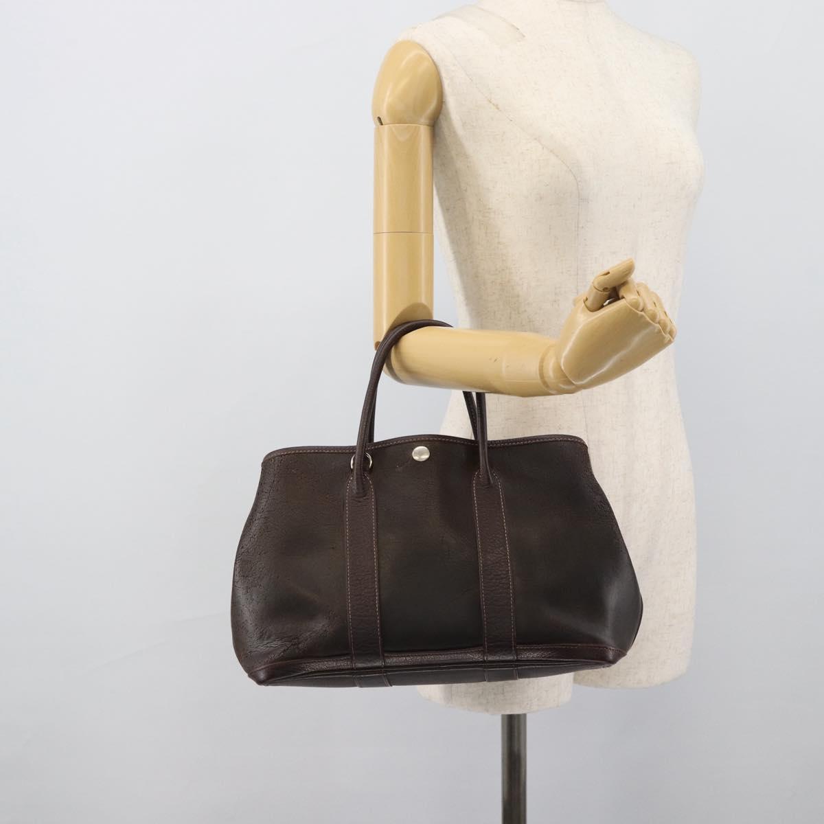 HERMES Garden Party PM Hand Bag Leather Amazonia Brown Silver Auth bs36685