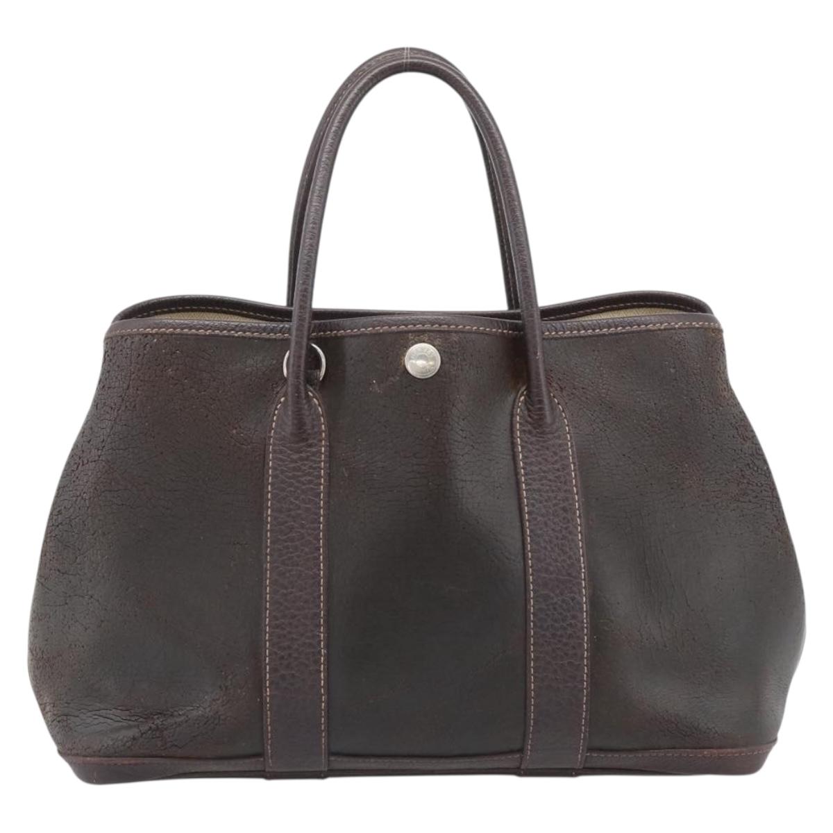 HERMES Garden Party PM Hand Bag Leather Amazonia Brown Silver Auth bs36685