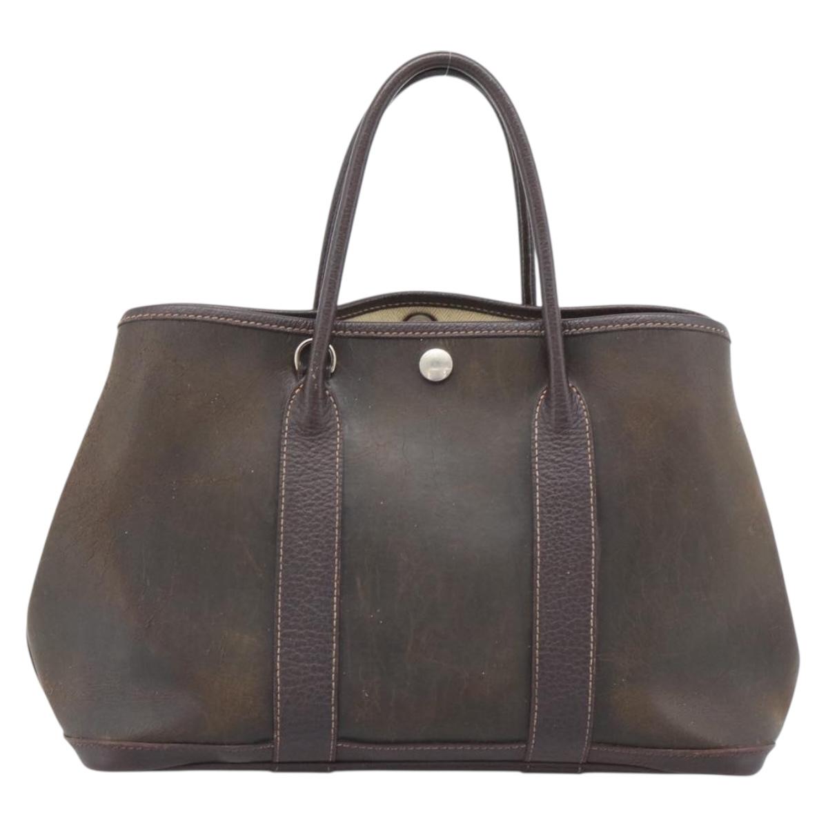 HERMES Garden Party PM Hand Bag Leather Amazonia Brown Silver Auth bs36685