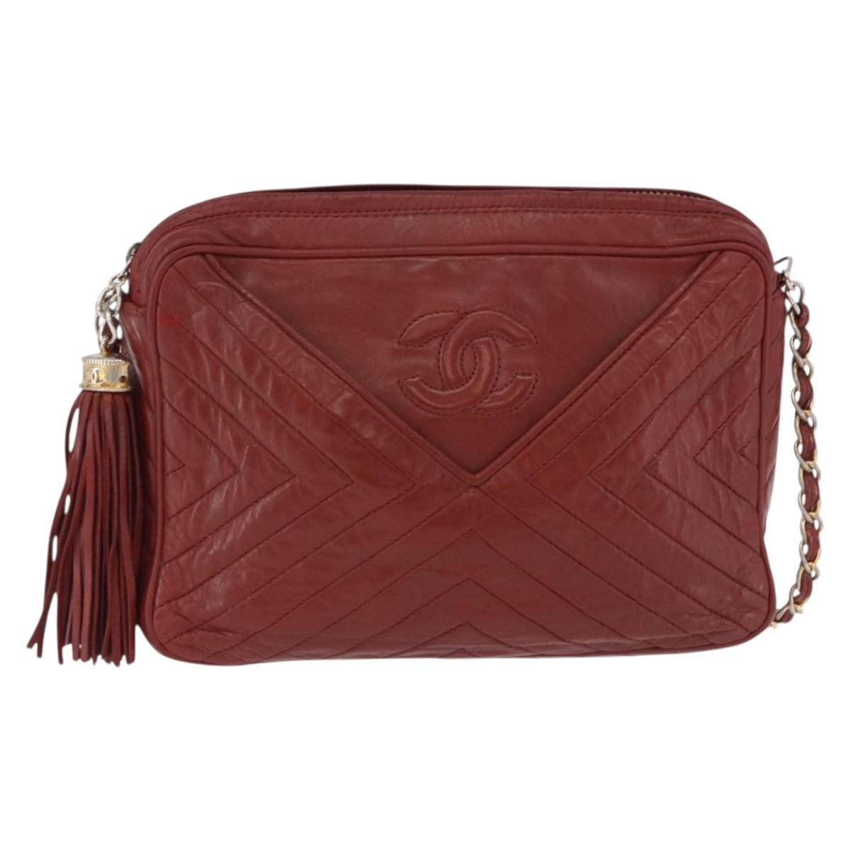 CHANEL Chain Shoulder Bag Lamb Skin Red Gold CC Auth bs36686