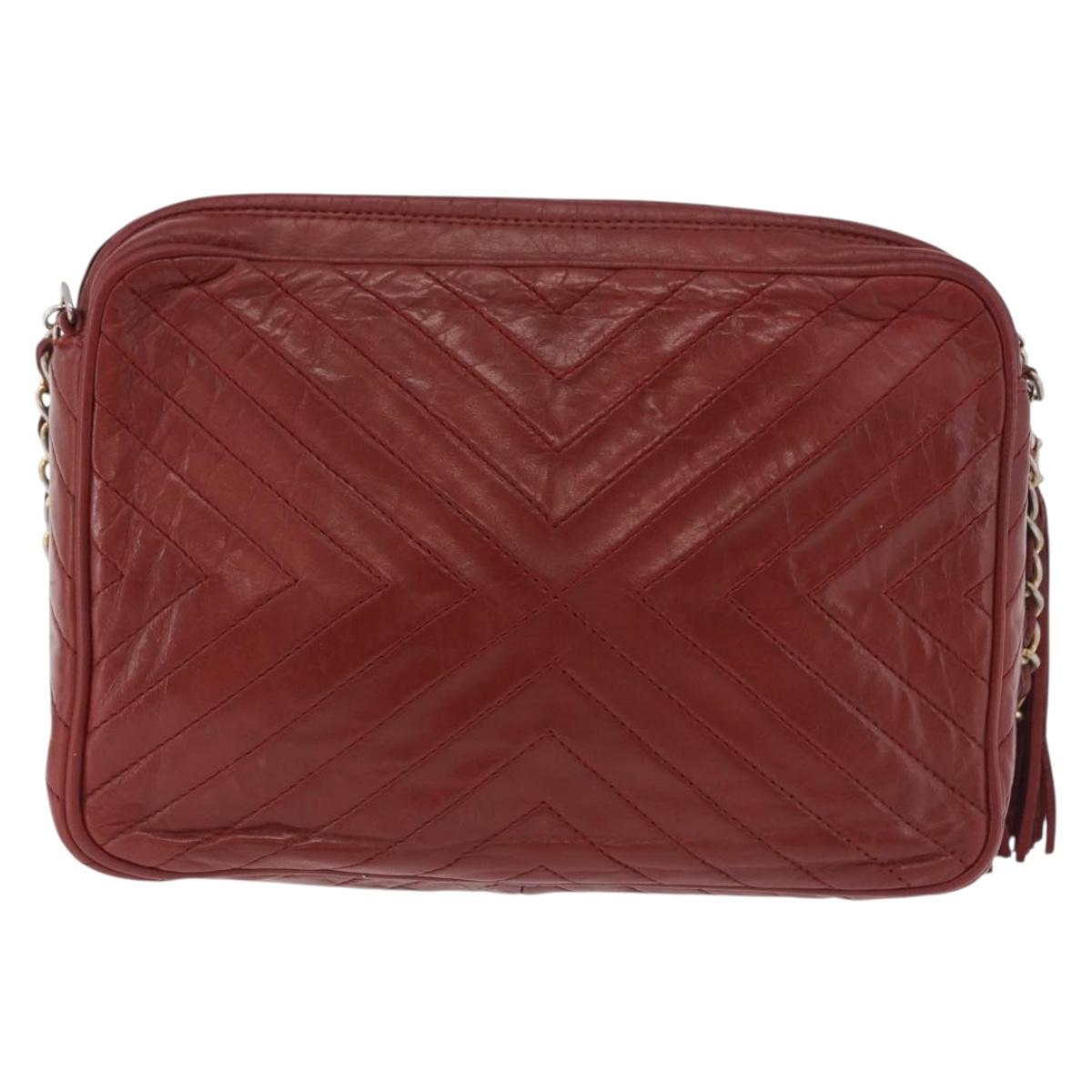 CHANEL Chain Shoulder Bag Lamb Skin Red Gold CC Auth bs36686