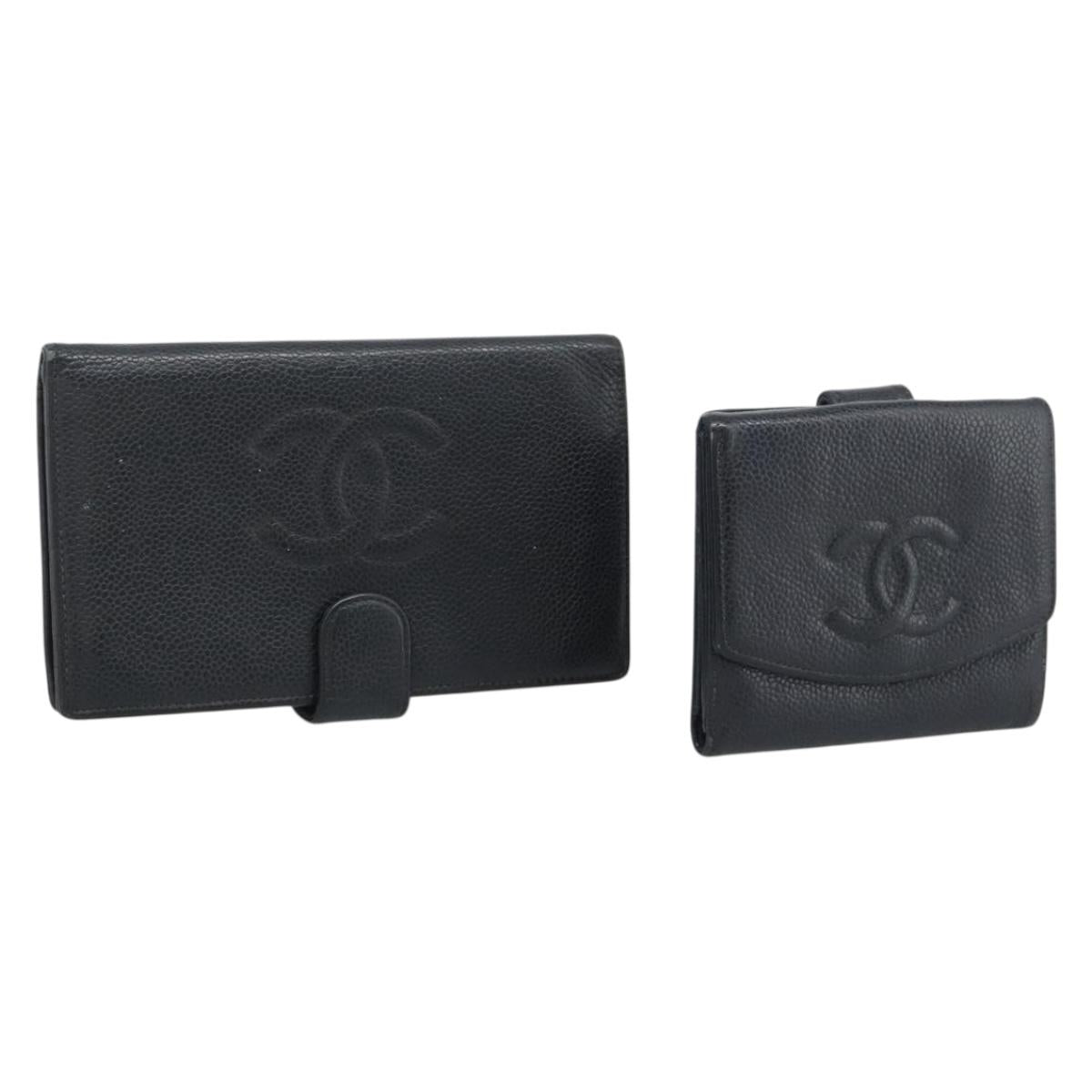 CHANEL Wallet Caviar Skin 2 Set Black CC Auth bs36692