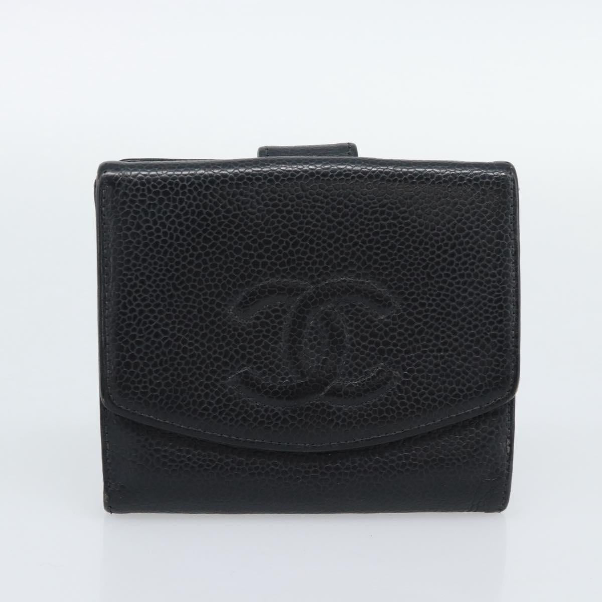 CHANEL Wallet Caviar Skin 2 Set Black CC Auth bs36692