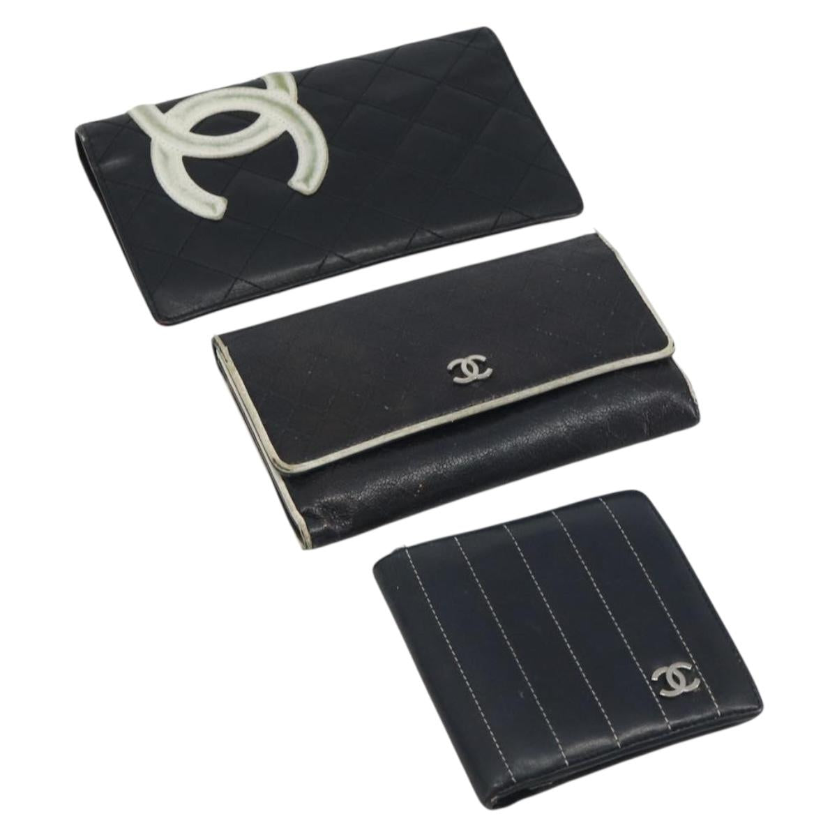 CHANEL Wallet Caviar Skin Leather 3 Set Black CC Auth bs36694
