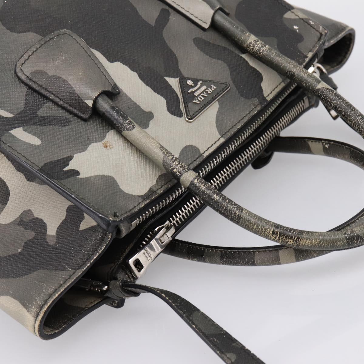 PRADA Camouflage Hand Bag Safiano Leather 2way Khaki Silver Auth bs36711