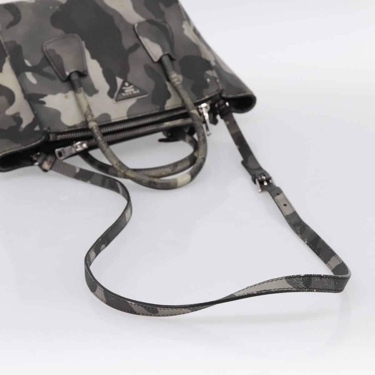 PRADA Camouflage Hand Bag Safiano Leather 2way Khaki Silver Auth bs36711