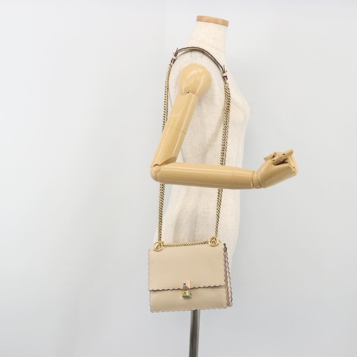FENDI Chain Shoulder Bag Leather Beige Gold Auth bs36715