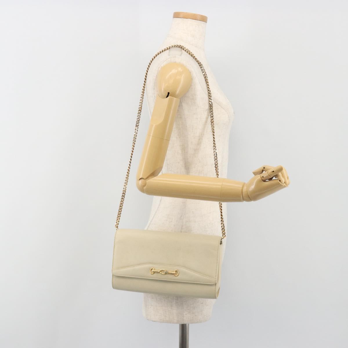 CELINE Chain Shoulder Bag Leather White Gold Auth bs36725
