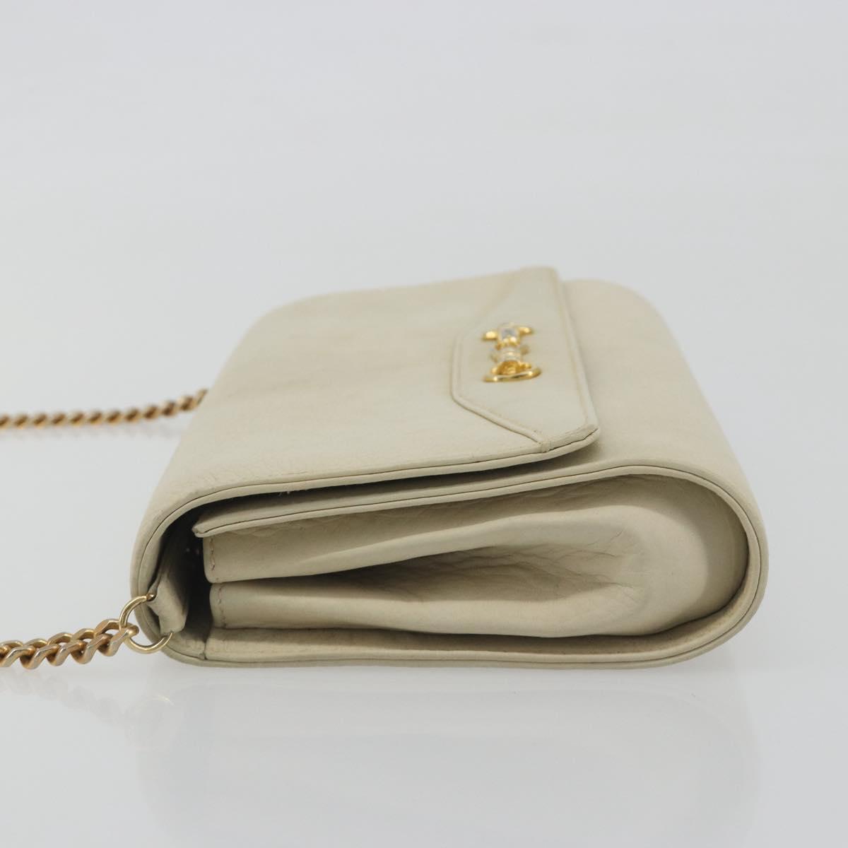 CELINE Chain Shoulder Bag Leather White Gold Auth bs36725