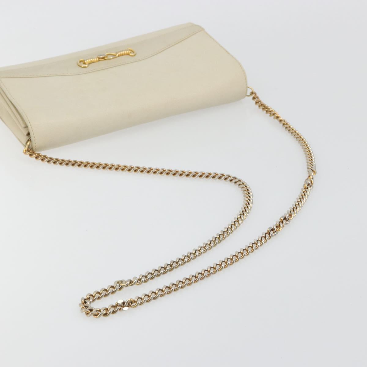 CELINE Chain Shoulder Bag Leather White Gold Auth bs36725