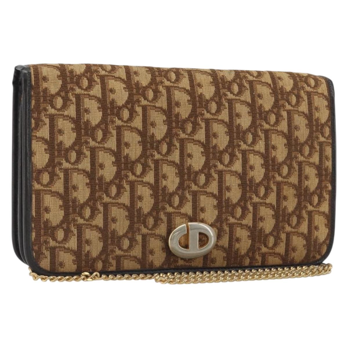 Christian Dior Trotter Canvas Chain Shoulder Bag Beige Gold Auth bs36726