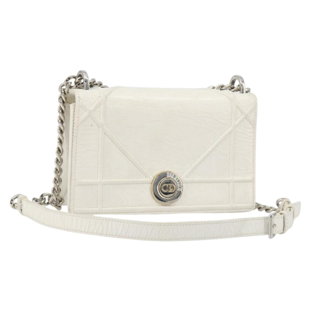 Christian Dior Chain Shoulder Bag Leather White Gold Auth bs36728