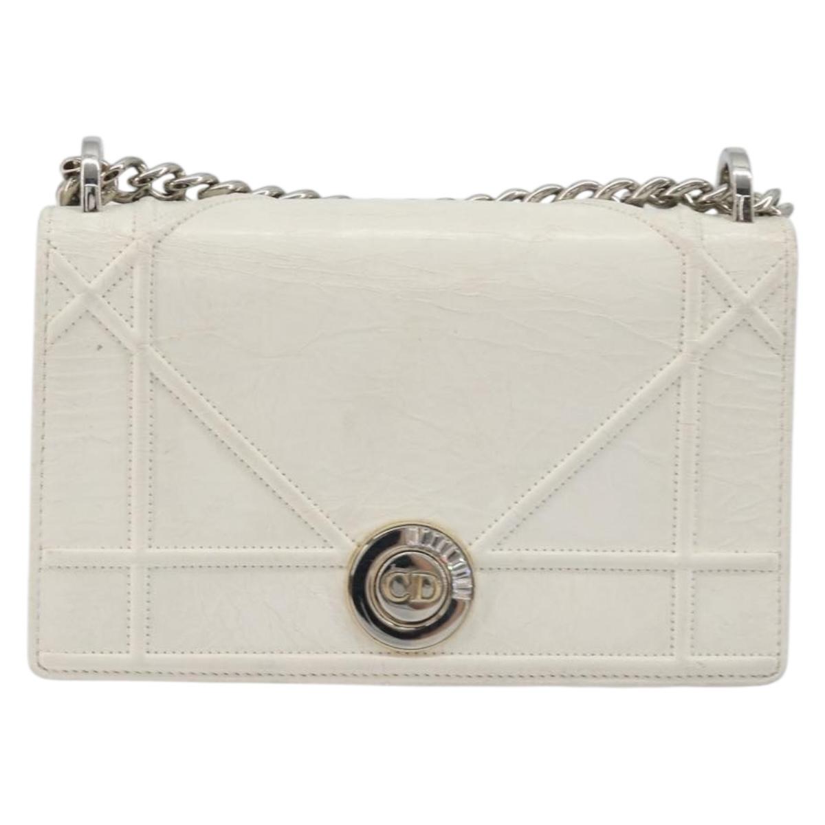 Christian Dior Chain Shoulder Bag Leather White Gold Auth bs36728