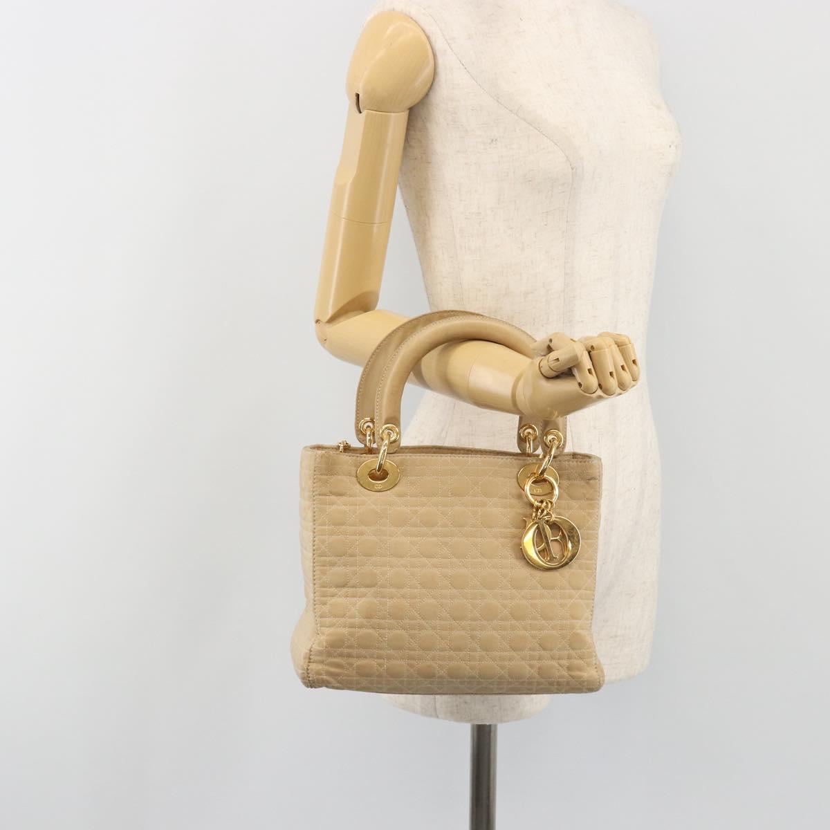 Christian Dior Lady Dior Canage Hand Bag Nylon Beige Gold Auth bs36737