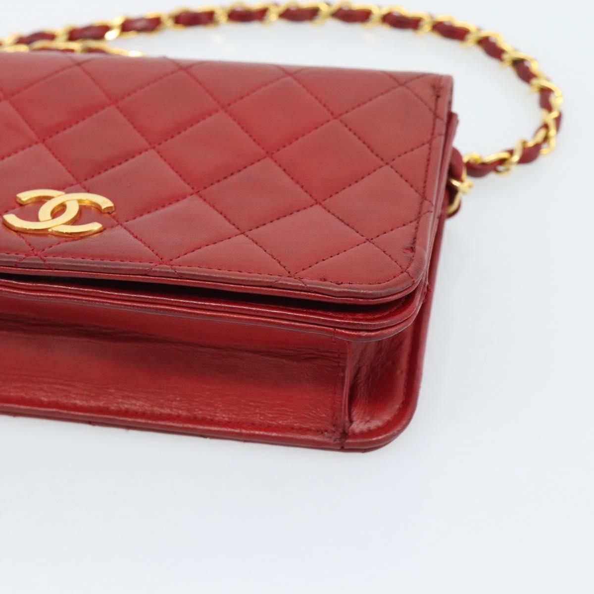 CHANEL Matelasse Chain Shoulder Bag Lamb Skin Red Gold CC Auth bs36747