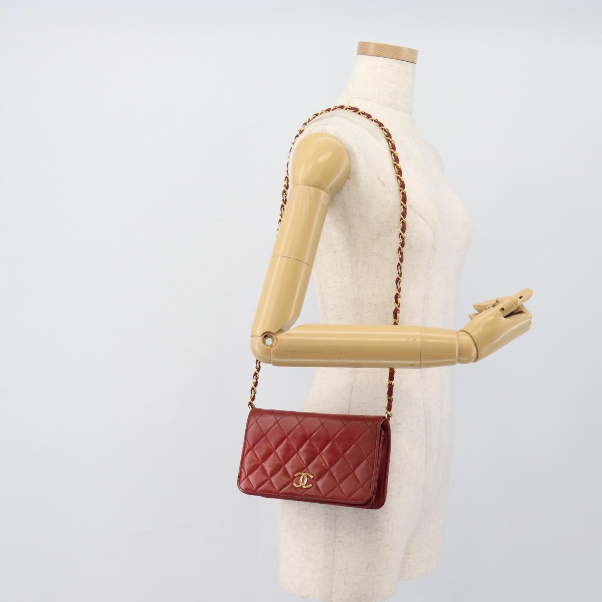 CHANEL Matelasse Chain Shoulder Bag Lamb Skin Red Gold CC Auth bs36747