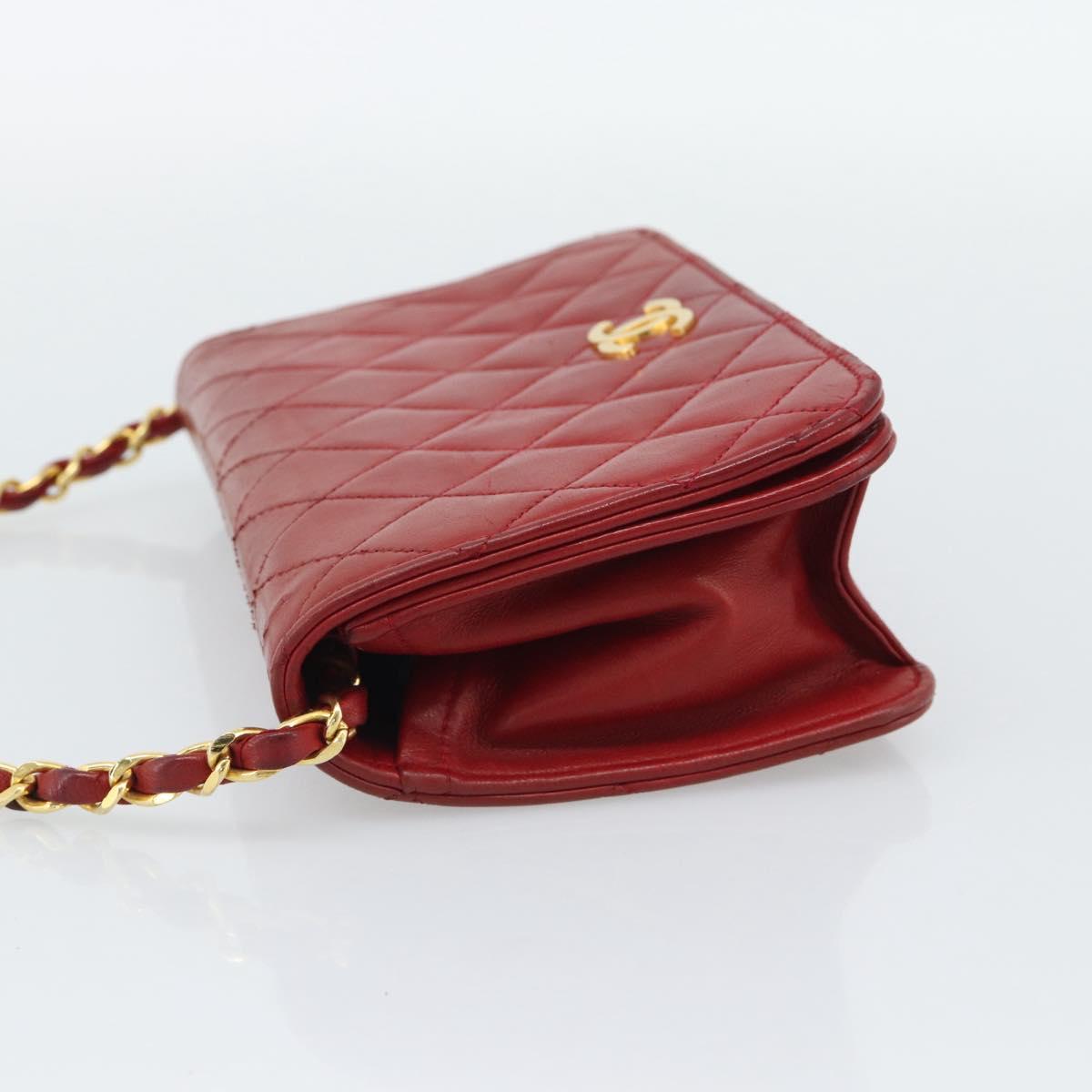 CHANEL Matelasse Chain Shoulder Bag Lamb Skin Red Gold CC Auth bs36747