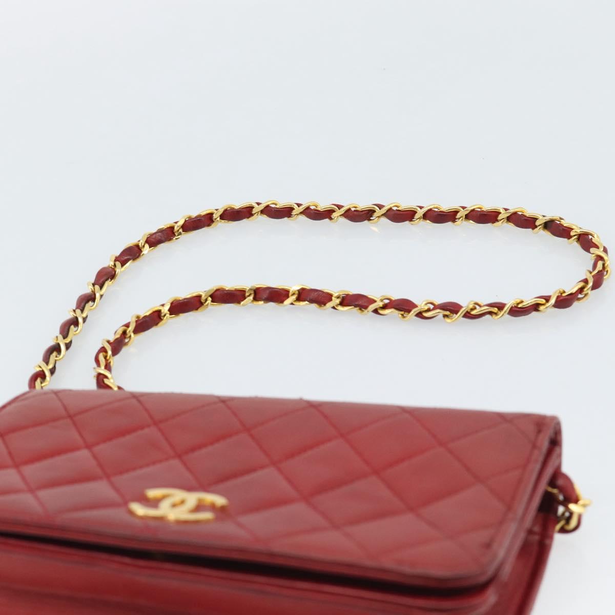 CHANEL Matelasse Chain Shoulder Bag Lamb Skin Red Gold CC Auth bs36747