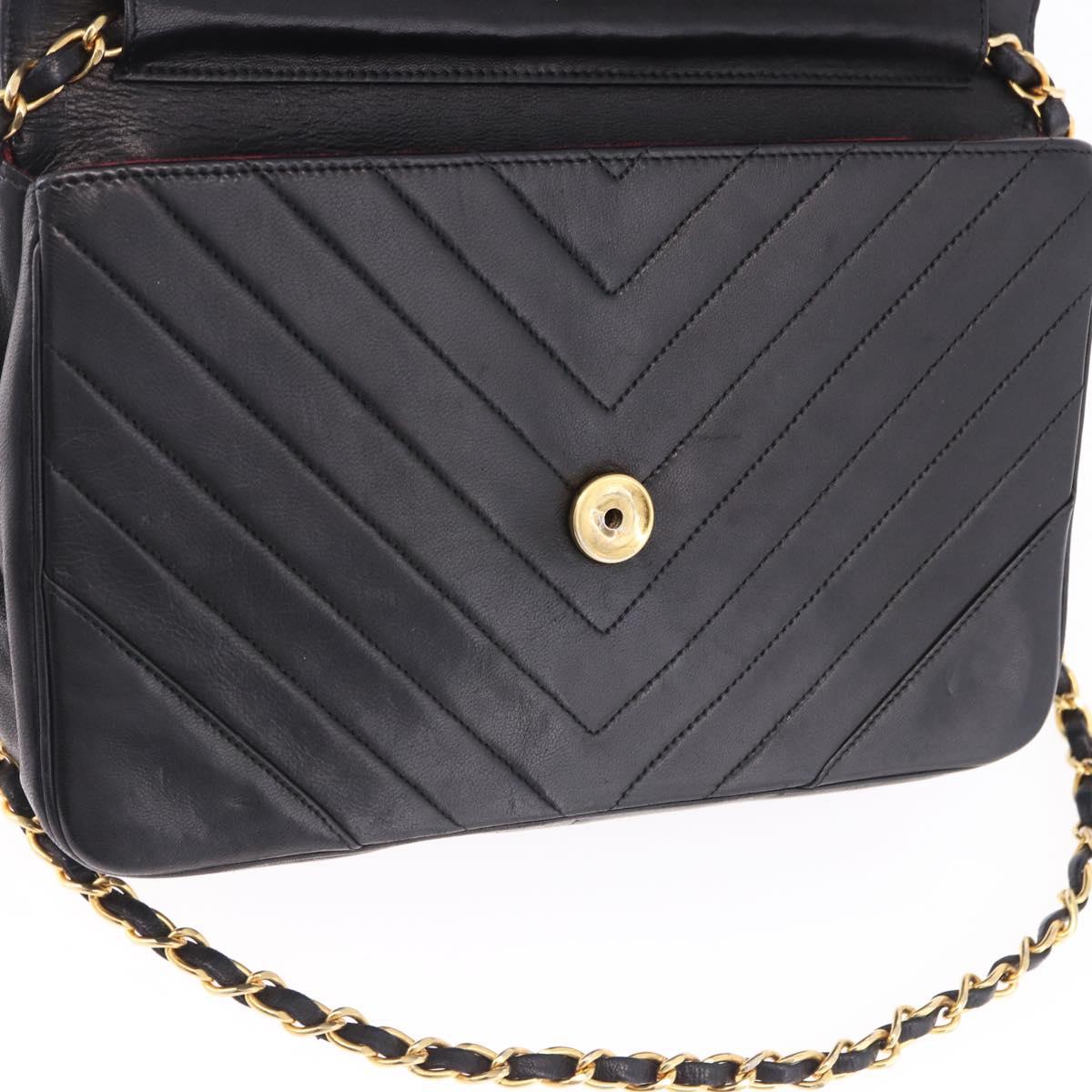 CHANEL V stitch Chain Shoulder Bag Lamb Skin Black Gold CC Auth bs36750