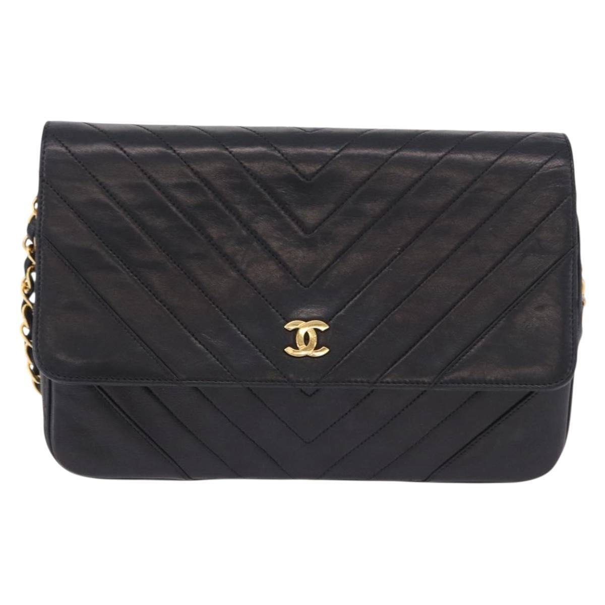 CHANEL V stitch Chain Shoulder Bag Lamb Skin Black Gold CC Auth bs36750