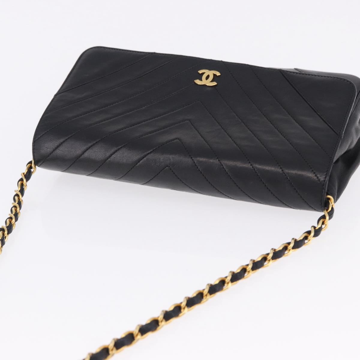 CHANEL V stitch Chain Shoulder Bag Lamb Skin Black Gold CC Auth bs36750