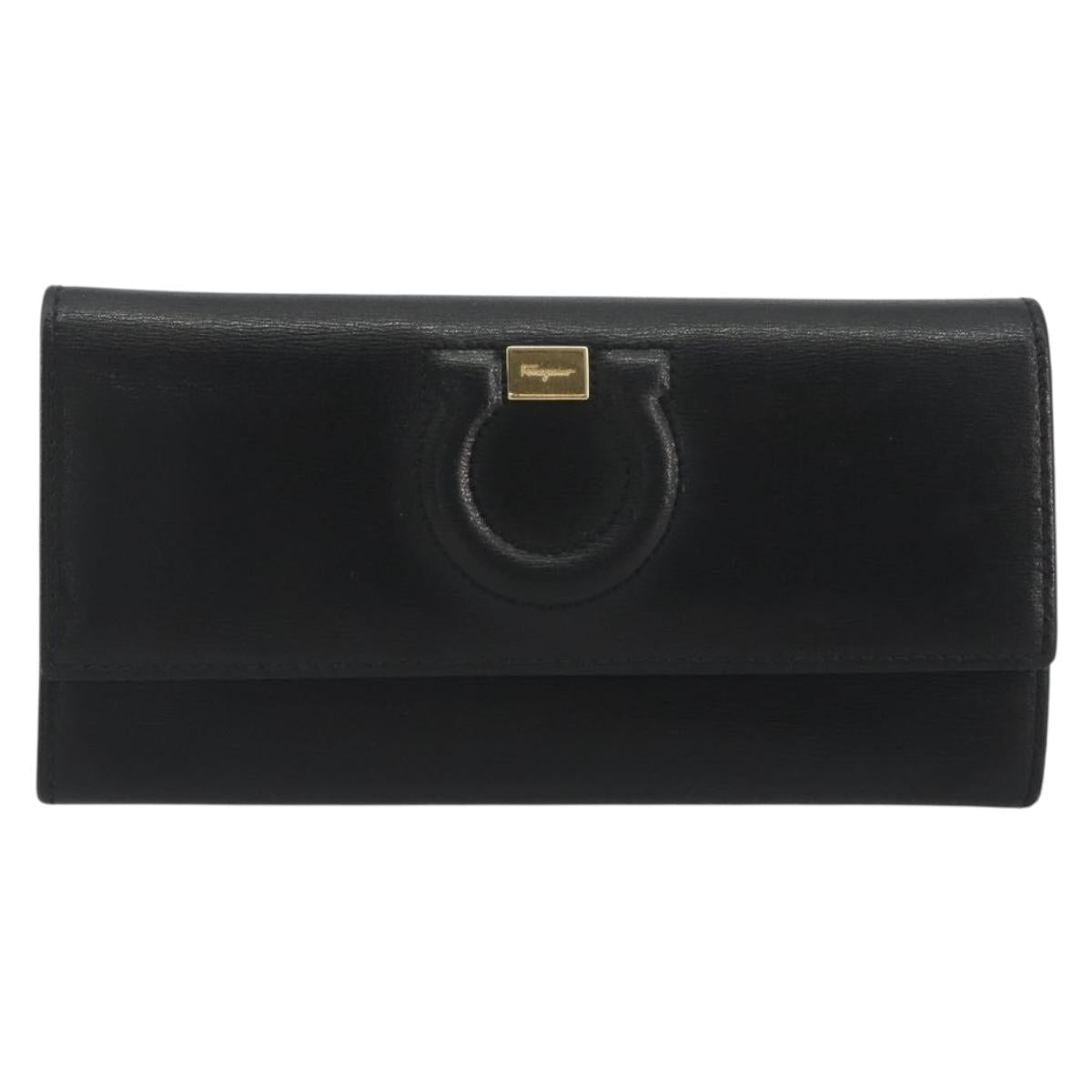 Salvatore Ferragamo Gancini Long Wallet Leather Black Gold Auth bs36751
