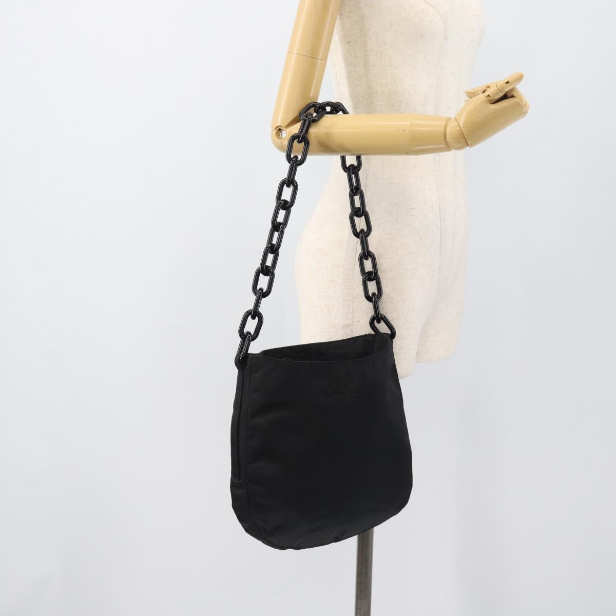 PRADA Chain Shoulder Bag Nylon Black Silver Auth bs36754A
