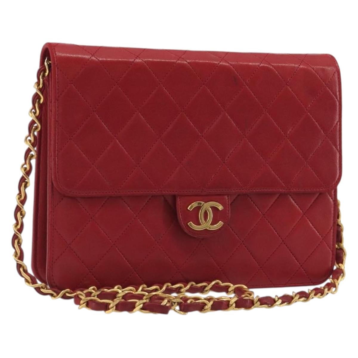 CHANEL Matelasse Chain Shoulder Bag Lamb Skin Red Gold CC Auth bs36761