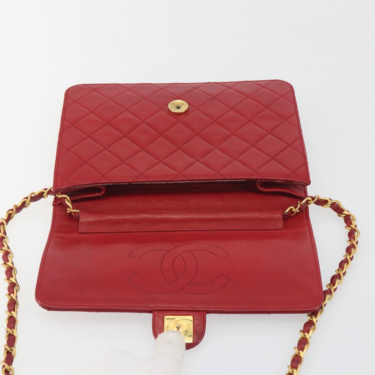 CHANEL Matelasse Chain Shoulder Bag Lamb Skin Red Gold CC Auth bs36761