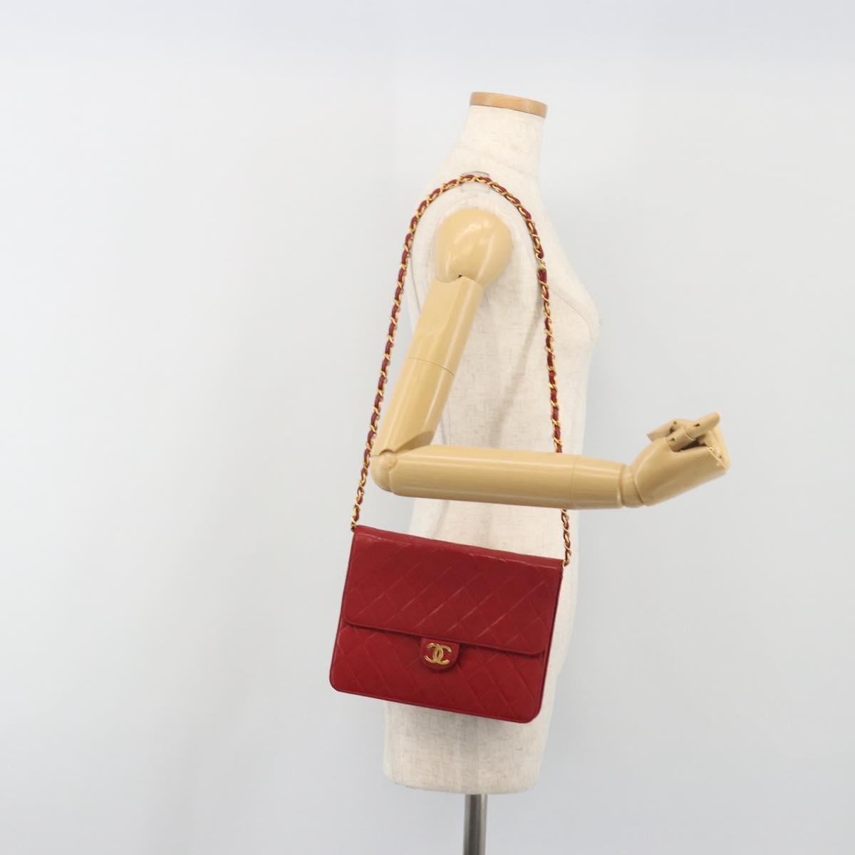 CHANEL Matelasse Chain Shoulder Bag Lamb Skin Red Gold CC Auth bs36761