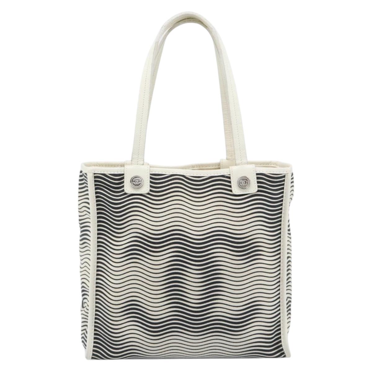 CHANEL Tote Bag Canvas Black White Silver CC Auth bs36766