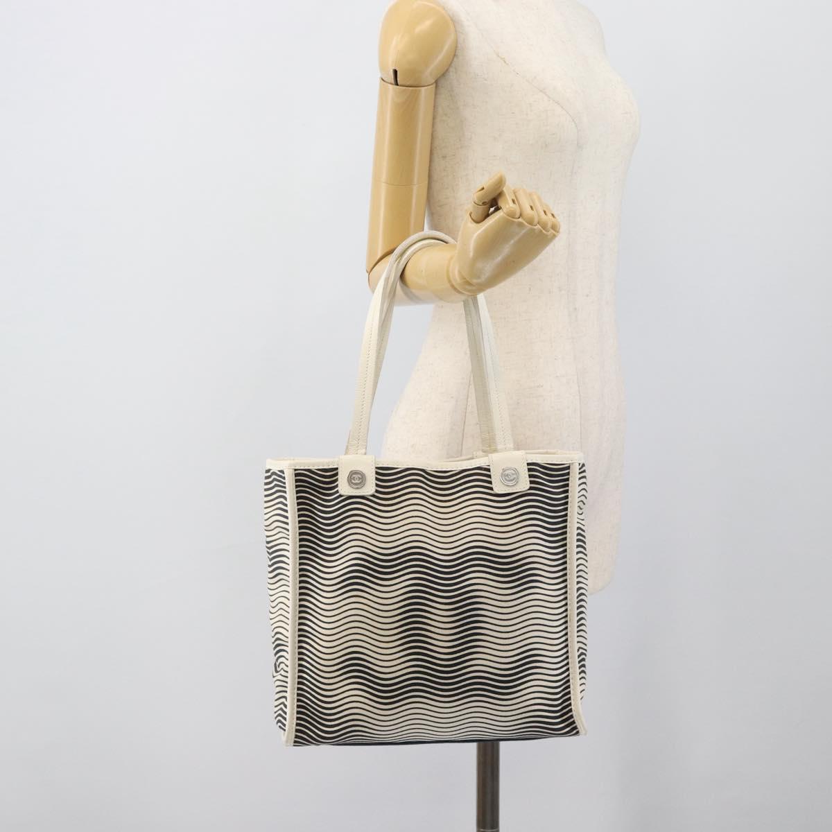 CHANEL Tote Bag Canvas Black White Silver CC Auth bs36766
