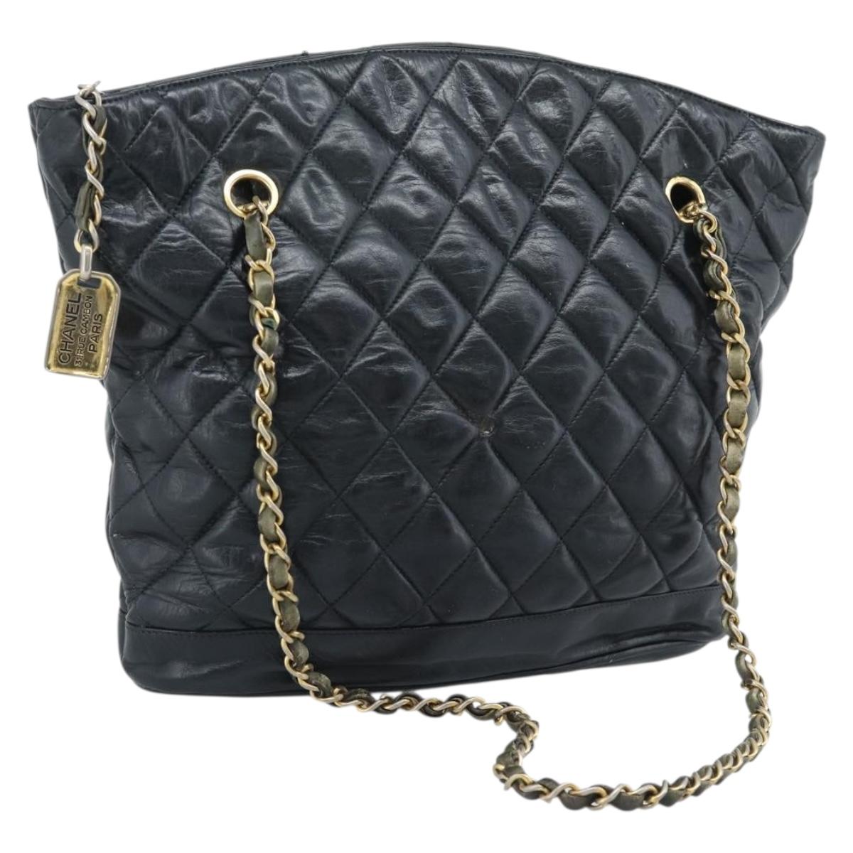 CHANEL Matelasse Chain Shoulder Bag Lamb Skin Black Gold CC Auth bs36768