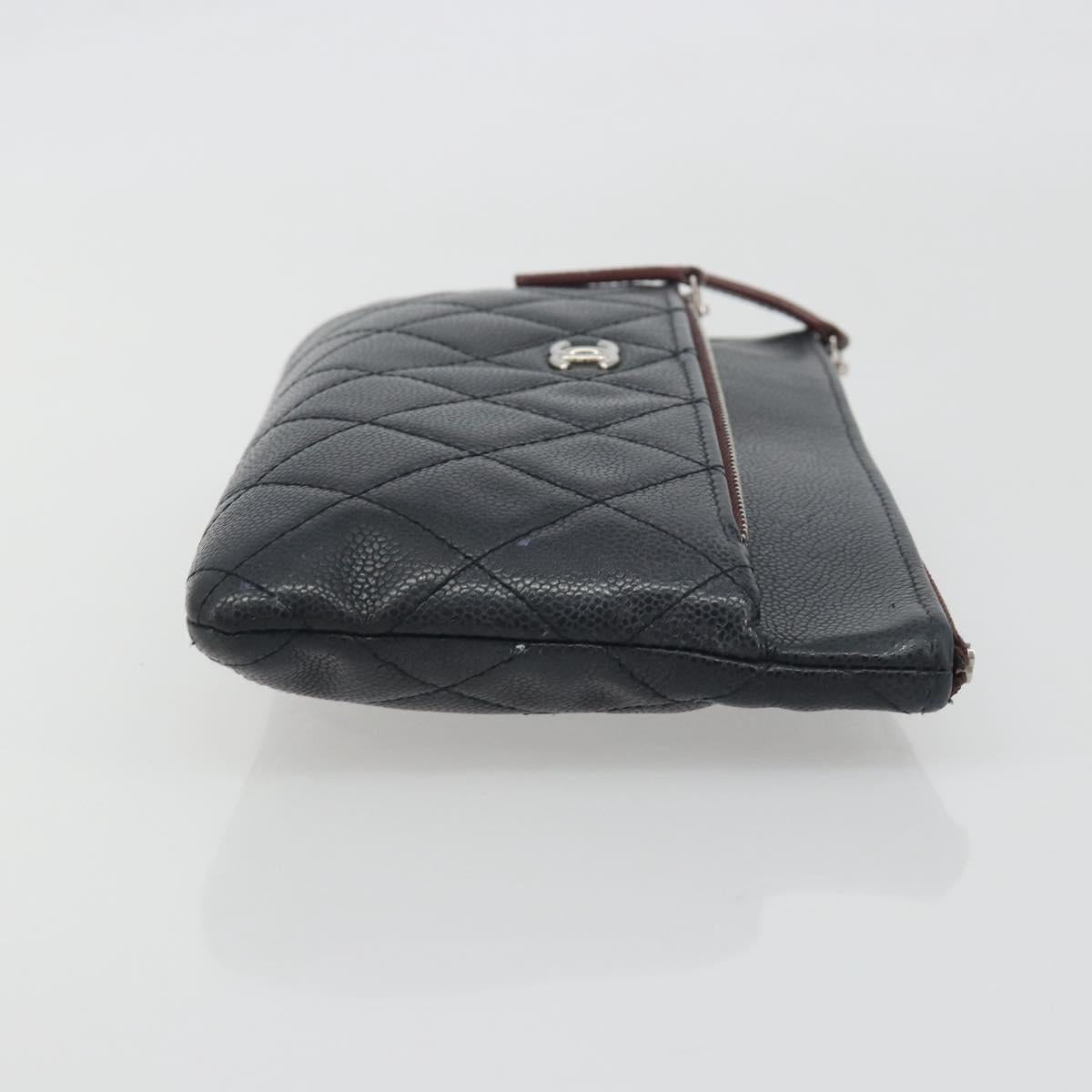 CHANEL Clutch Bag Caviar Skin Navy Silver CC Auth bs36769