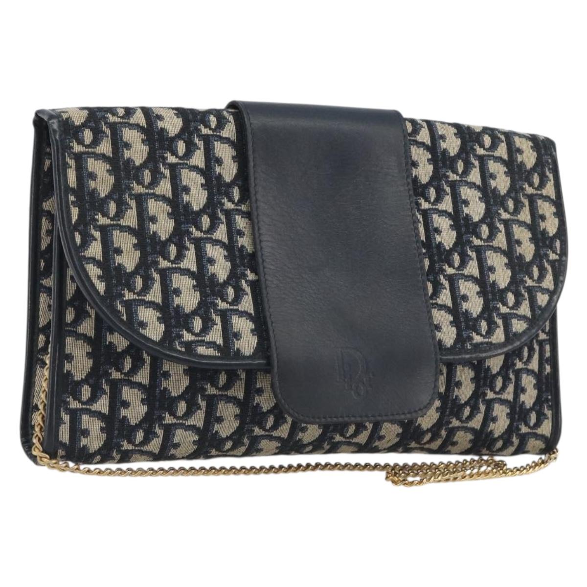 Christian Dior Trotter Canvas Chain Shoulder Bag Navy Gold Auth bs36770