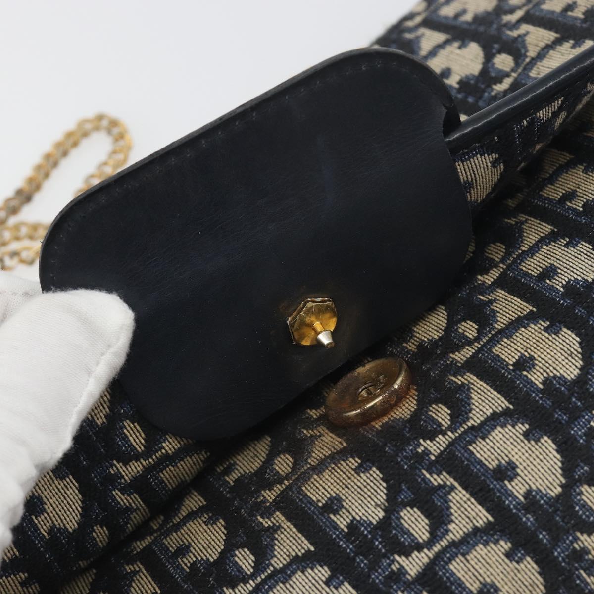 Christian Dior Trotter Canvas Chain Shoulder Bag Navy Gold Auth bs36770