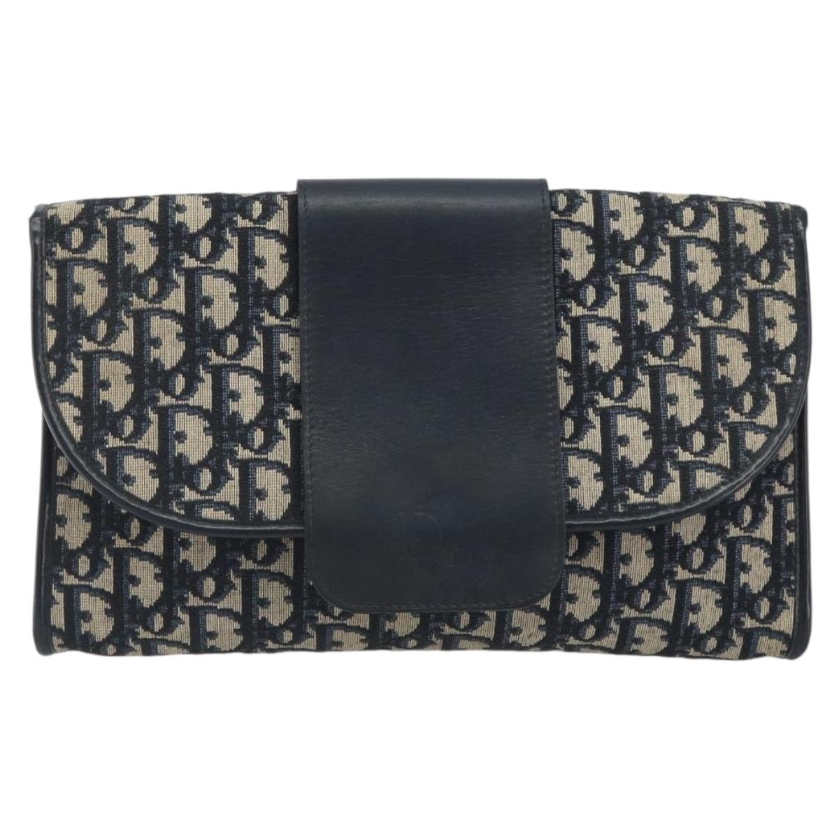 Christian Dior Trotter Canvas Chain Shoulder Bag Navy Gold Auth bs36770