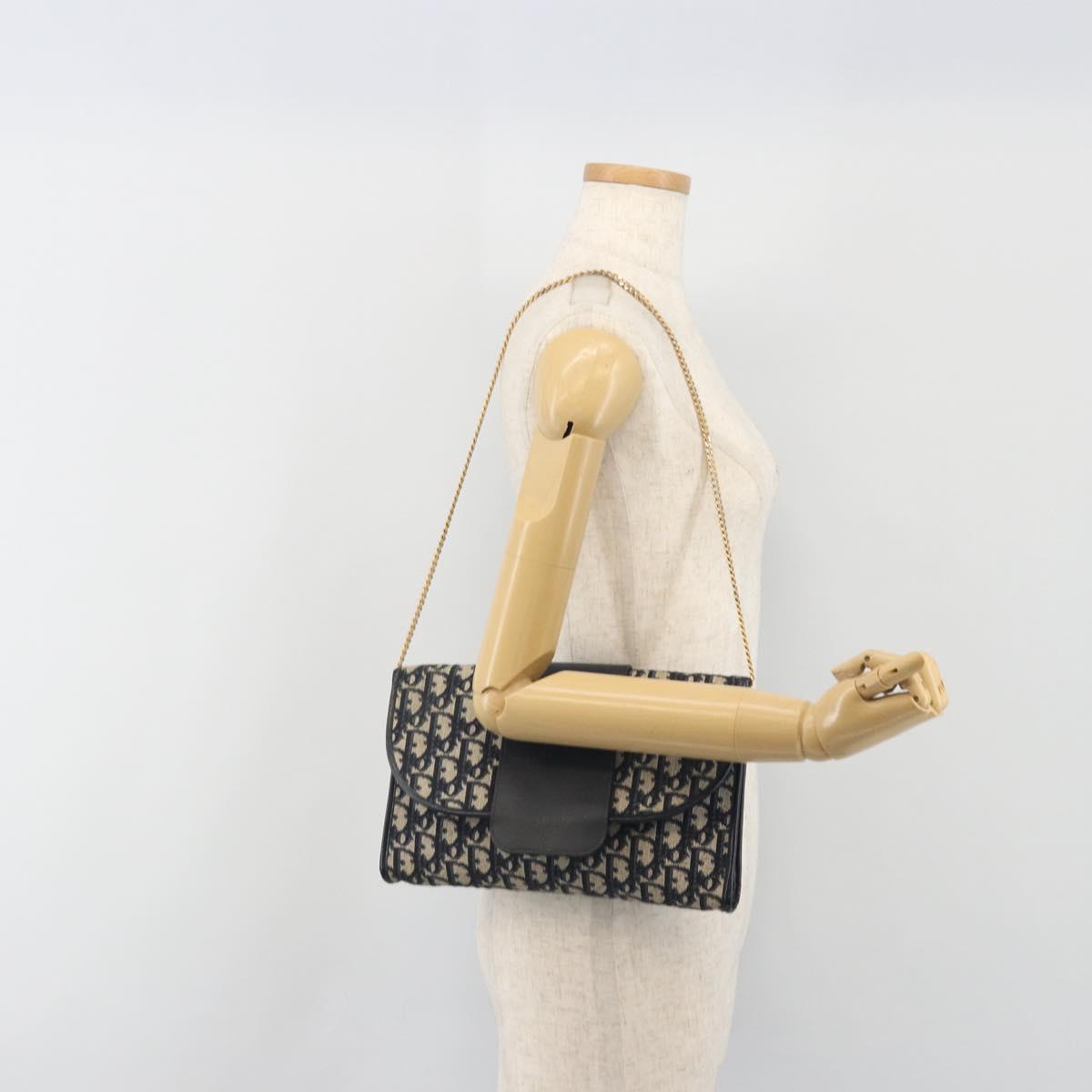 Christian Dior Trotter Canvas Chain Shoulder Bag Navy Gold Auth bs36770