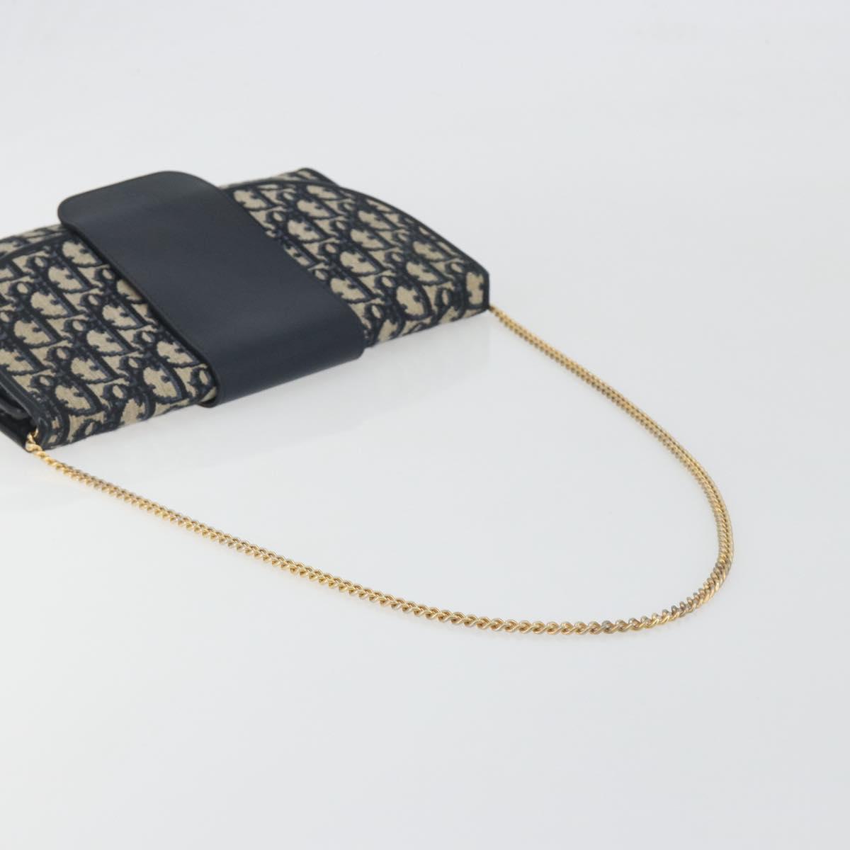 Christian Dior Trotter Canvas Chain Shoulder Bag Navy Gold Auth bs36770