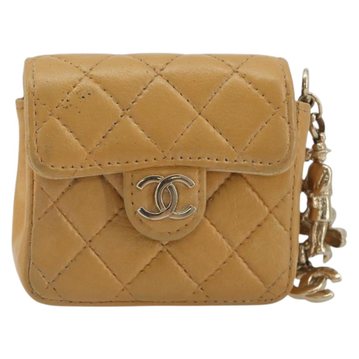 CHANEL Matelasse Charm Lamb Skin Gold Beige CC Auth bs36773