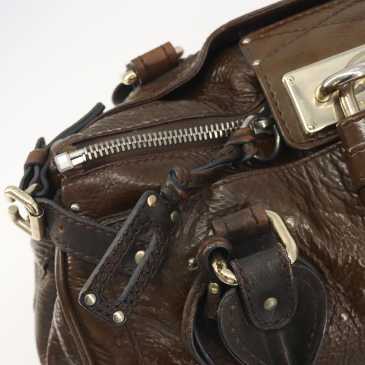 Chloe Paddington Hand Bag Patent Leather Khaki Silver gold Auth bs36778